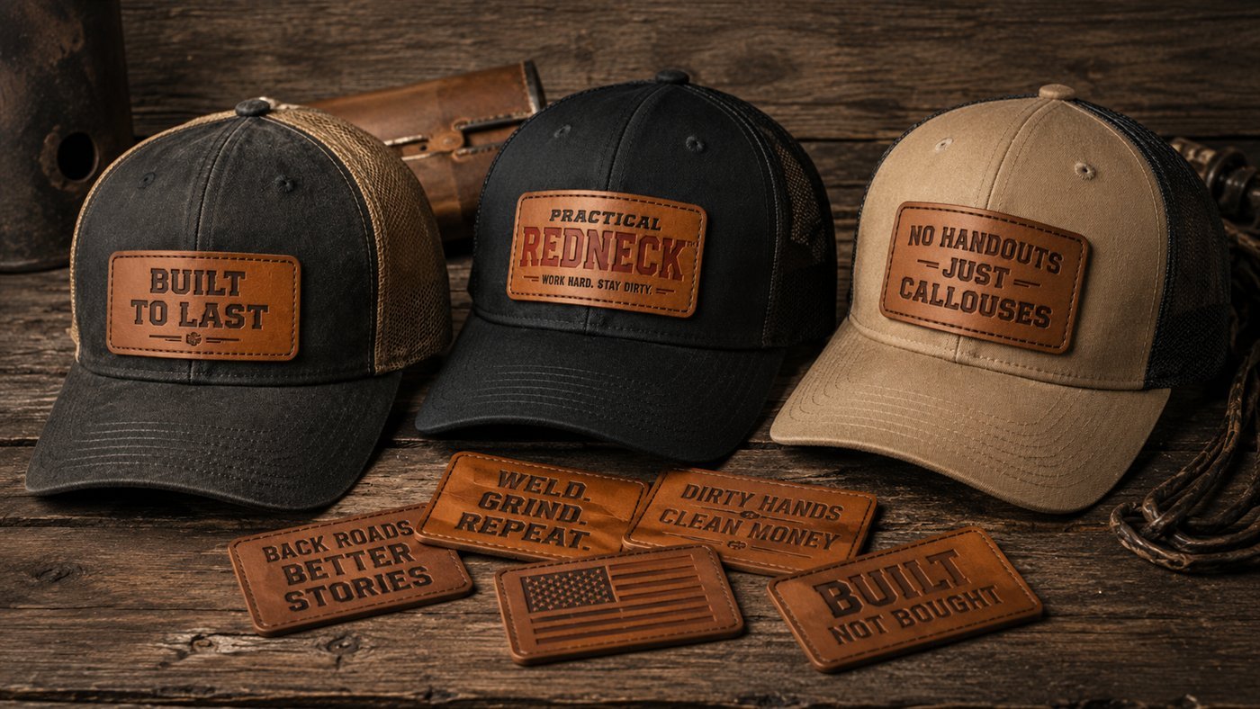 Practical Redneck trucker hats and leatherette patches arranged on a workbench